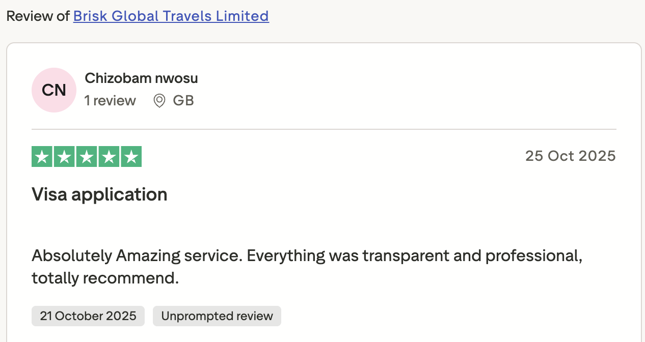 Brisk Travels Trustpilot review